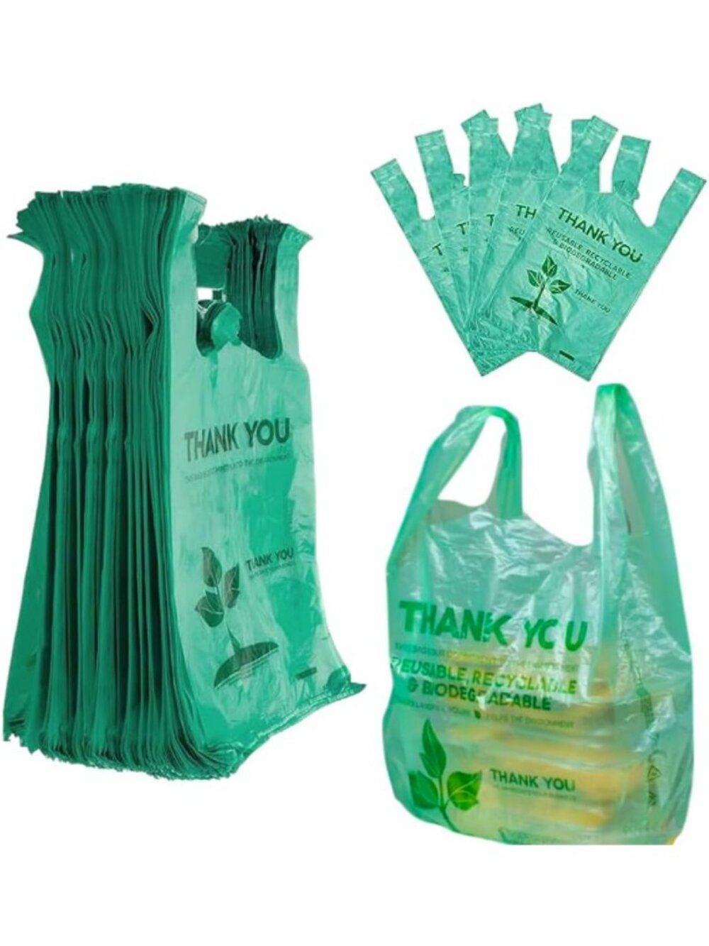 1000 Biodegradable T-Shirt Bags with Handles - Eco-Friendly Green Shopping Bags